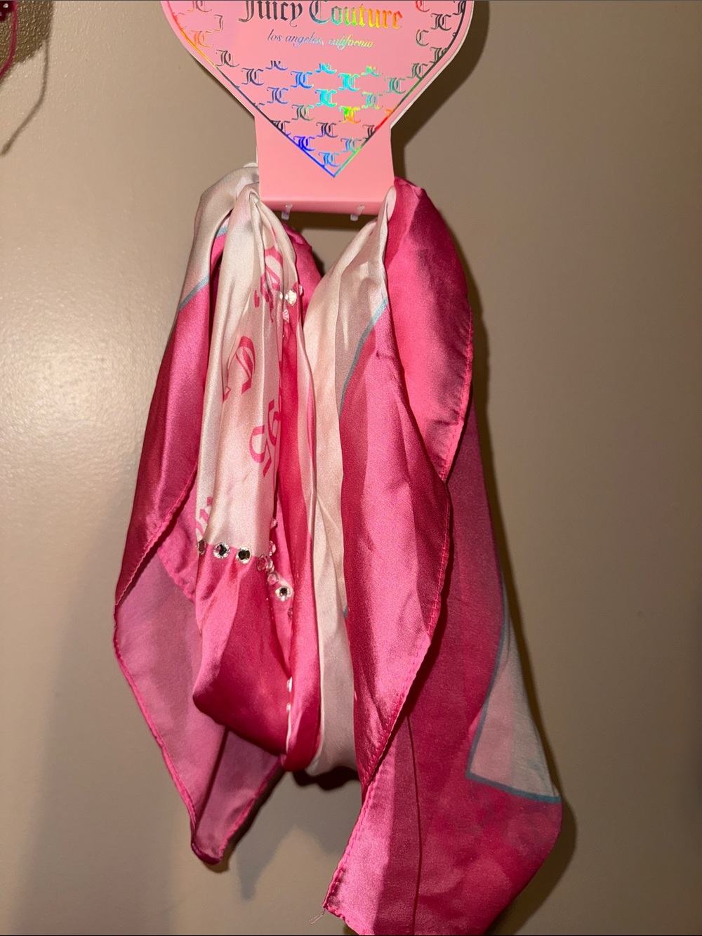 Juicy Couture Hot Pink and Light Pink Satin Scarf with Rhinestones